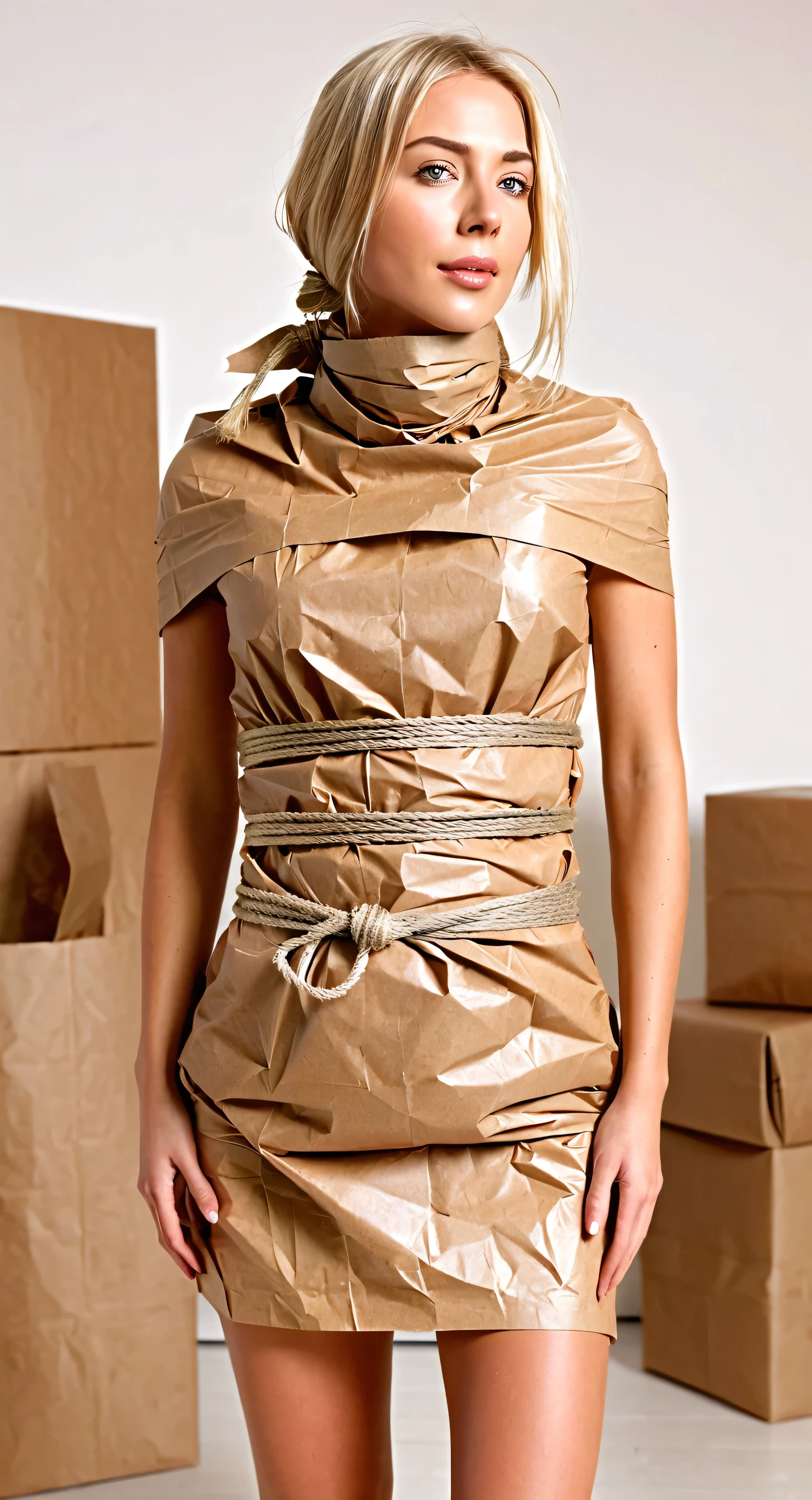 a stunningly beautiful blonde standing woman wearing a makeshift smock made of crisp brown packaging paper, she is completely wrapped up from head to toe in crisp brown packaging paper like a helpless human package, arms behind her back, tightly tied up with rope wrapped around her like a mummy, she is completely covered in crisp brown packaging paper, being wrapped by a woman, two women in the picture, inside art studio, bright day, close-up 