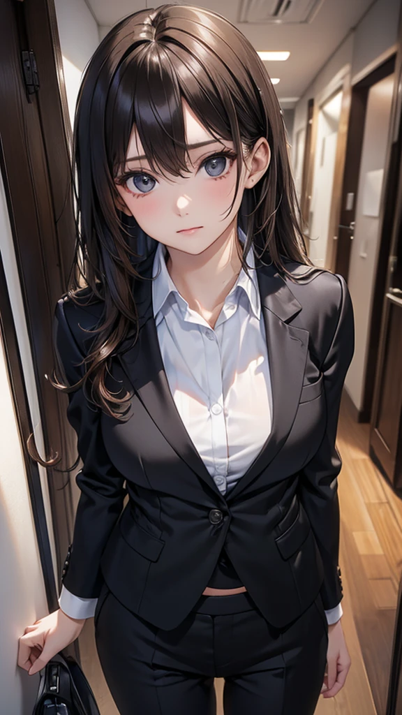 Adult women, Alone, sexy,8K resolution,((Best Quality)),Ultra-high resolution, (Grim expression), (Black eyes), A beautiful, symmetrical face, (Brown curly medium length hair),Office Jacket, suit pants ,Realistic:1.4,Realistic:1.4,(masterpiece:1.2), perfect eyes,Perfect Eyes, Anatomically Correct Human Body 