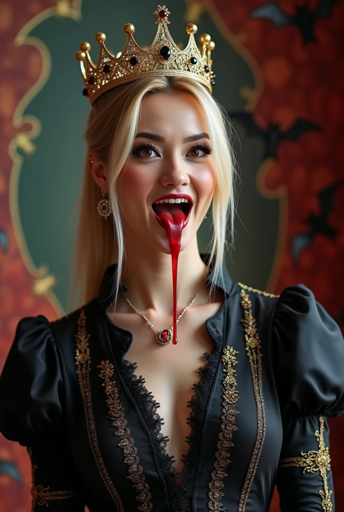 full body shot, photo of a stunning beautiful gorgeous dracula queen, (shown dracula teeth, dracula fangs: 1.5), (red syrup dripping from her mouth), with ponytail hair, curtain bangs hair, blonde hair, coherently detailed perfectly manicured hands, wearing a golden queen's crown with black and dark red diamonds, a long british queen style black dress with gold accents and with lace and black and gold checkered pattern, scary smile, charming red eyes, light red cheek, big tits, huge breasts, colossal boobs, sexy body, sexy hips, slender feet, full body pose, the background is a dracula's mansion, full of scary goth spooky and halloween things, bats hanging flying arround, queen's black cat sleeping on top of queen's bed, (golden spiderwebs and red eyes spiders arround the room's corners), 8K resolution, alcohol ink splash, perfectly centered composition, rule of thirds, hyper realistic, UHD, masterpiece, anatomically correct, super detail, award winning, best quality, highres, 8k