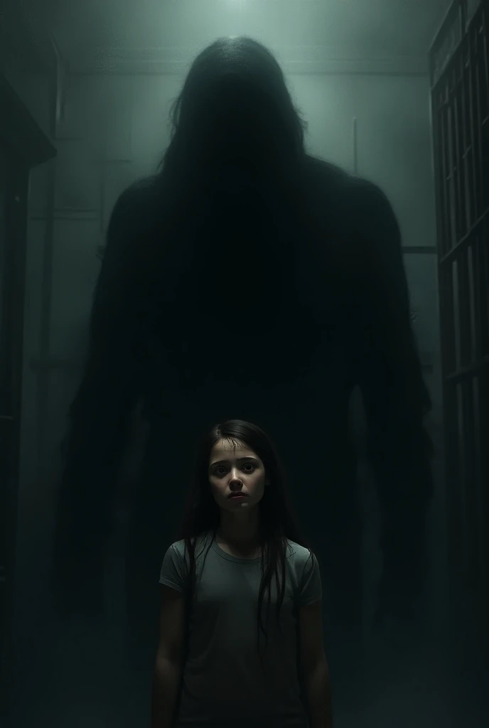 I want you to make an image of a dark horror monster chasing a person down the stairs and it looks like a blurry photo but it's smaller and the hallway is totally dark and it's like a VHS effect.