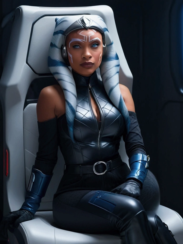 Aahsoka and ((￼ silver eyes)) sits confidently on a modern-looking chair. She is dressed in a black (latex) military (latex uniform) that includes a rank plate with 6 blue squares on the top and 6 red squares on the bottom. She is wearing a black cape that falls over one of her shoulders. Her expression is serious but relaxed, with a slight smile. The . The lighting is dim, with lights in red and blue tones that highlight hegure, especially her face. She is wearing black gloves and tall boots, with one leg crossed over the other. The scene conveys authority and power, set in a futuristic or space environment, probably inside a ship or station. Everything is depicted in a comic-like drawing style, with bold lines and vibrant colors that reflect a typical comic book aesthetic.
