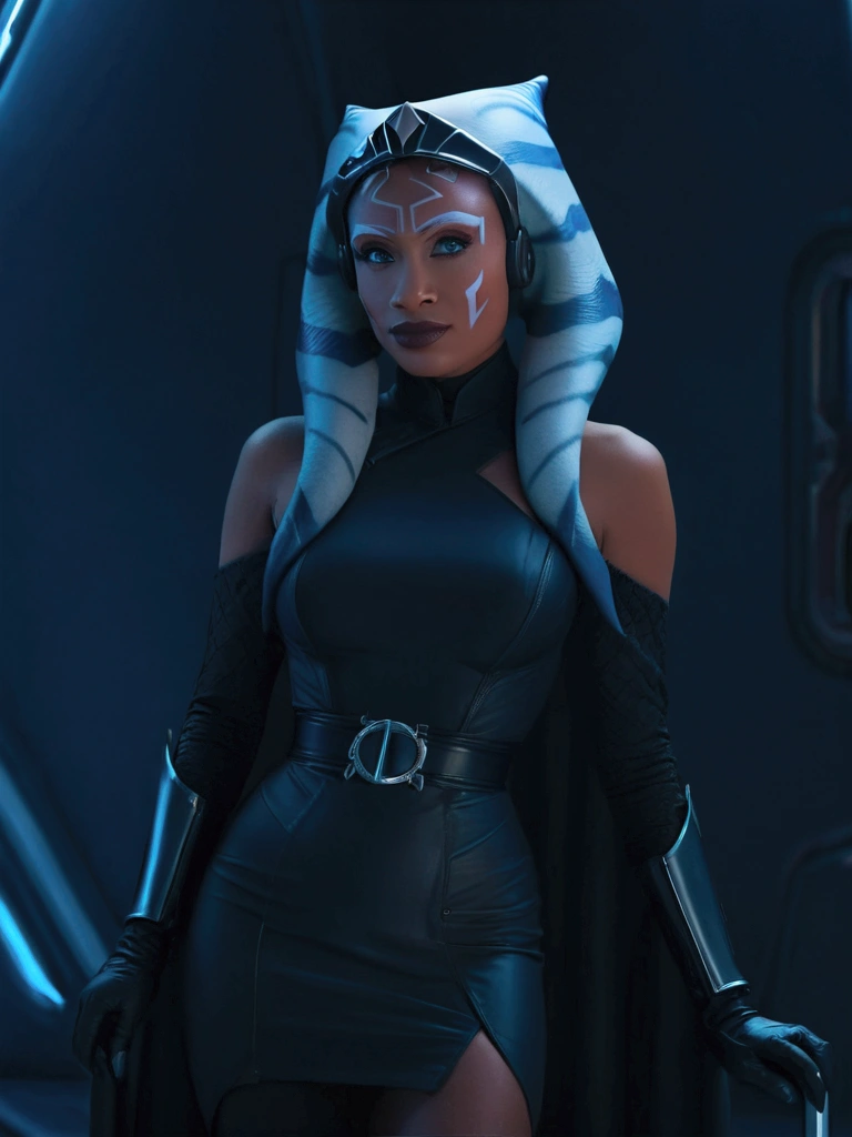 photorealistic, octane render, best quality, sharp focus, 8k, 4k, Masterpiece, Best Quality, realistic skin texture, extremely detailed, intricate, hyper detailed, illustration, soft lighting, high resolution, sharp detail, ahsoka tano, young, dark_ahsoka, sith, full body, evil, red lightsaber
with red visor,armor,black gloves,black bodysuit,cape, black pants,looking at viewer, standing, medium shot, hands on hips, outside, park, trees, winter, blue sky, high quality, masterpiece,