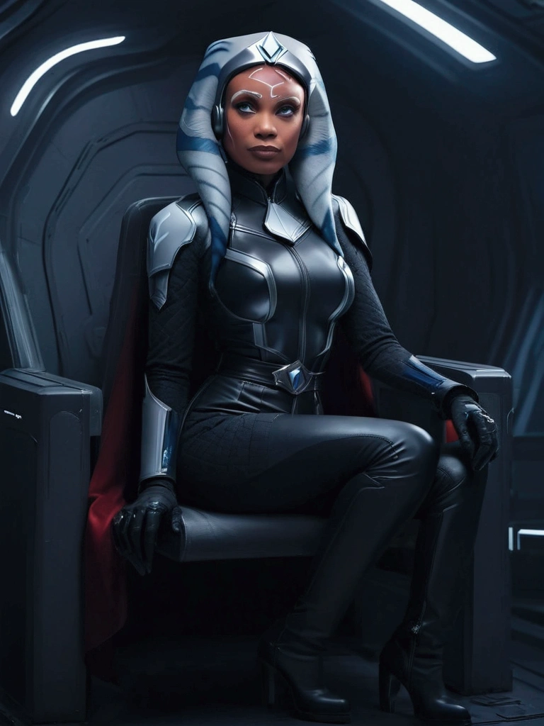 Aahsoka and ((￼ silver eyes)) sits confidently on a modern-looking chair. She is dressed in a black (latex) military (latex uniform) that includes a rank plate with 6 blue squares on the top and 6 red squares on the bottom. She is wearing a black cape that falls over one of her shoulders. Her expression is serious but relaxed, with a slight smile. The . The lighting is dim, with lights in red and blue tones that highlight hegure, especially her face. She is wearing black gloves and tall boots, with one leg crossed over the other. The scene conveys authority and power, set in a futuristic or space environment, probably inside a ship or station. Everything is depicted in a comic-like drawing style, with bold lines and vibrant colors that reflect a typical comic book aesthetic.
