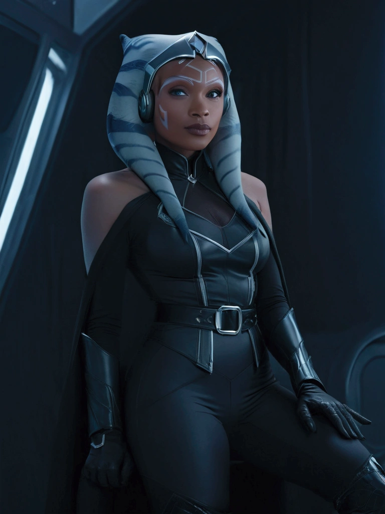 Aahsoka and ((￼ silver eyes)) sits confidently on a modern-looking chair. She is dressed in a black (latex) military (latex uniform) that includes a rank plate with 6 blue squares on the top and 6 red squares on the bottom. She is wearing a black cape that falls over one of her shoulders. Her expression is serious but relaxed, with a slight smile. The . The lighting is dim, with lights in red and blue tones that highlight hegure, especially her face. She is wearing black gloves and tall boots, with one leg crossed over the other. The scene conveys authority and power, set in a futuristic or space environment, probably inside a ship or station. Everything is depicted in a comic-like drawing style, with bold lines and vibrant colors that reflect a typical comic book aesthetic.
