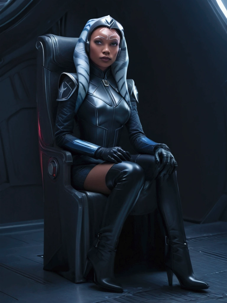 Aahsoka and ((￼ silver eyes)) sits confidently on a modern-looking chair. She is dressed in a black (latex) military (latex uniform) that includes a rank plate with 6 blue squares on the top and 6 red squares on the bottom. She is wearing a black cape that falls over one of her shoulders. Her expression is serious but relaxed, with a slight smile. The . The lighting is dim, with lights in red and blue tones that highlight hegure, especially her face. She is wearing black gloves and tall boots, with one leg crossed over the other. The scene conveys authority and power, set in a futuristic or space environment, probably inside a ship or station. Everything is depicted in a comic-like drawing style, with bold lines and vibrant colors that reflect a typical comic book aesthetic.
