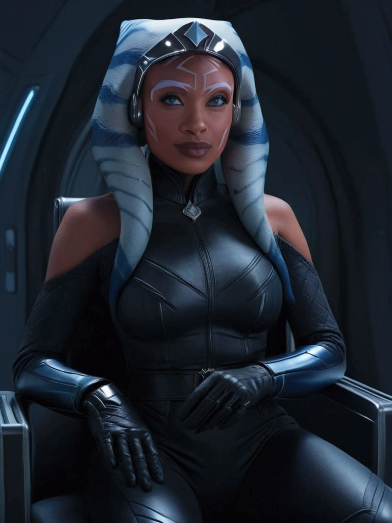 Aahsoka and ((￼ silver eyes)) sits confidently on a modern-looking chair. She is dressed in a black (latex) military (latex uniform) that includes a rank plate with 6 blue squares on the top and 6 red squares on the bottom. She is wearing a black cape that falls over one of her shoulders. Her expression is serious but relaxed, with a slight smile. The . The lighting is dim, with lights in red and blue tones that highlight hegure, especially her face. She is wearing black gloves and tall boots, with one leg crossed over the other. The scene conveys authority and power, set in a futuristic or space environment, probably inside a ship or station. Everything is depicted in a comic-like drawing style, with bold lines and vibrant colors that reflect a typical comic book aesthetic.
