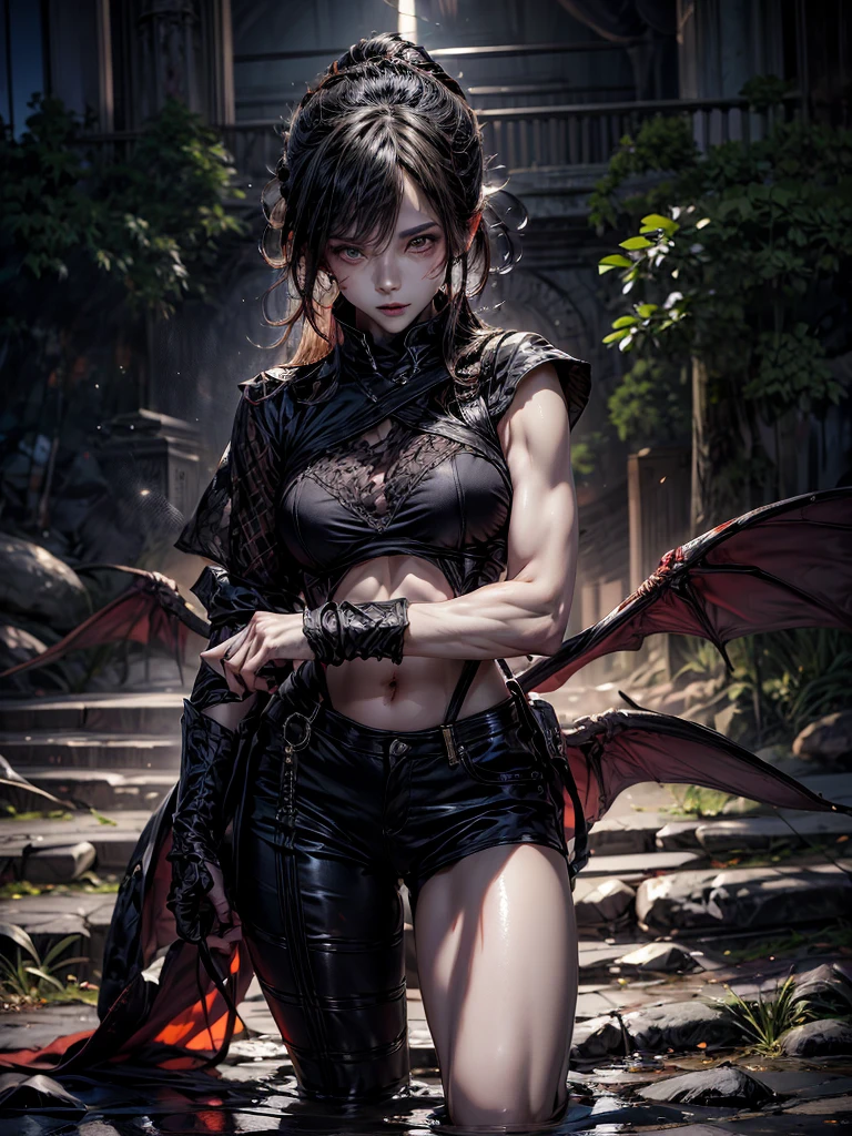 una ragazza ultra bella, con un'armatura (armatura techno fantasy nera) e una grande spada nella schiena, carina, 12k, uhd, fotorealistica, decorazioni rosse, capelli corti neri, ((razza europea)), (ultra bella splendida realistica), ventre nudo e (braccia nude), armatura nera, decorazioni rosse, grande spada rossa, peli neri, ((pelle rosa))