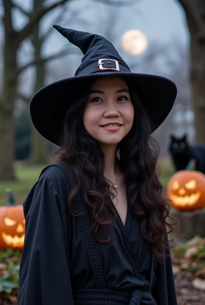 The face is a hostess、Haloin、Dressed as a pumpkin witch、Hats、3 people、hiquality、A hyper-realistic、healthy、Smiling expression、Slender perfect figure、Japan beauties、beautidful eyes、face perfect、Beautiful skin、Shibuya at night