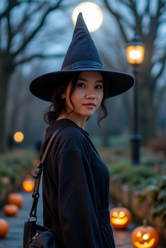 Outdoor, ((Halloween night)), ((Full Shot)), 85mm, alone, Girl traveling in wonderland, 1 girl, ((, Beautiful Face, woman dressed as a witch on Halloween night)), Actual skin type, Realistic, Realistic facial skin,((highest quality:1.4)), Intricate 3D rendering of highly detailed facial skin, Natural skin texture, Detailed skin, Detailed skin pores & Face Texture, pores, ((It gives me goosebumps:1.2)), . Focus on the face, CinemaScope, highlight, Depth of written boundary, High resolution, masterpiece, Super detailed, Textured skin, 8k, highest quality, High resolution, ((Realistic:1.3)), Sharp focus, RAW Photos, Ultra-realistic, ((Hyperrealism:1.3)), Ray Tracing, Insane Details, High resolution, Professional Lighting, Film Grain, granular, pumpkin devil, black cat, detailed face, detailed eyes, detailed lips, detailed nose, best quality, 4k, 8k, high resolution, masterpiece:1.2, ultra-detailed, realistic, photorealistic:1.37, HDR, UHD, bokeh, super photography, dramatic light,