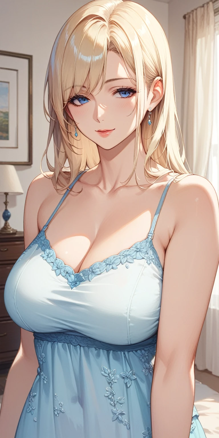 score_9, score_8_up, score_7_up, blonde, long hair, blue eyes, perfect eyes, anime milf, elegant mature woman, wise face, thin camisole, home, soft light