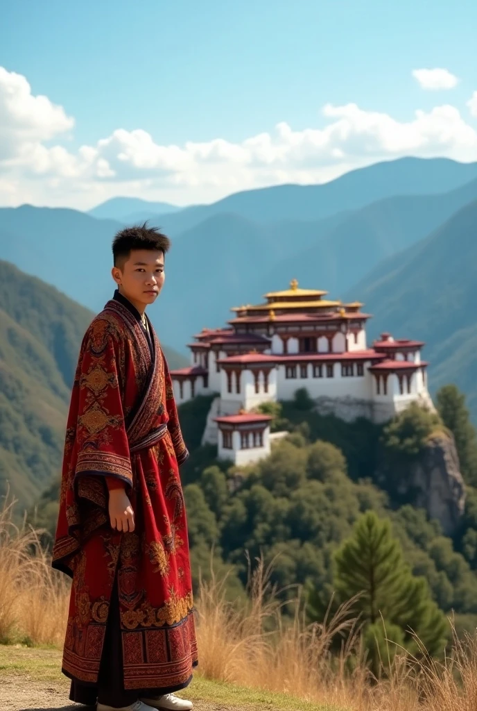 a man wearing gho standing in front of Dzong