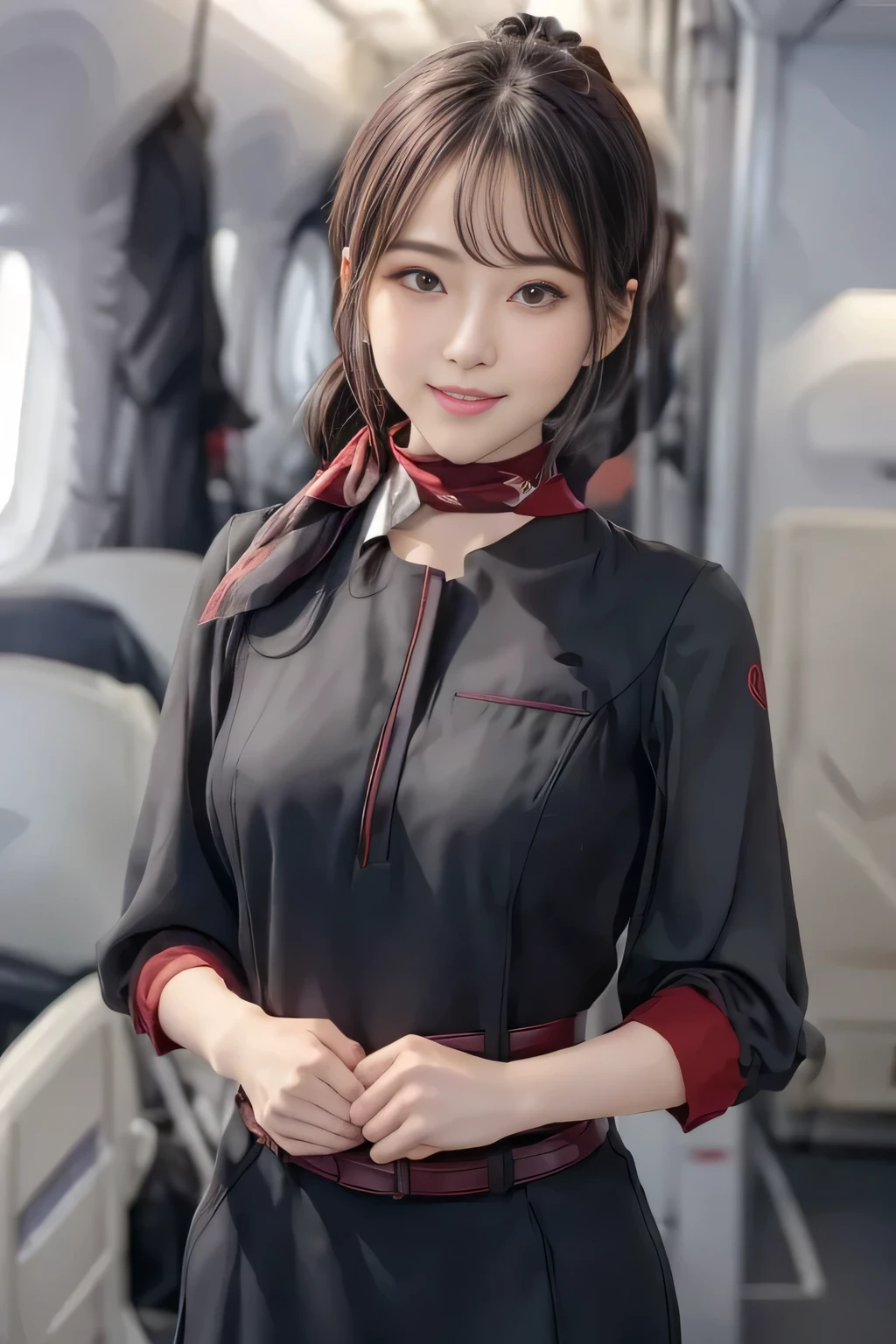 (masterpiece:1.2, Best Quality:1.2), 32K HDR,  High Resolution , (Alone、1 girl)、（on board、Professional Lighting）、In-flight background、（JAL flightattendant uniformを着たリアルスタイル）、（（JAL flightattendant uniform short sleeve jumper skirt 、Red belt on the waist  、Scarf around the neck））、Dark brown hair、（Long Hair、Hair tied up、Hair tied up）、Dark brown hair、 long shot、Big Breasts、Thin legs、（（Great hands：2.0）），（（ Harmonious body proportions：1.5）），（（Normal limbs：2.0）），（（Normal finger：2.0）），（（Delicate eyes：2.0）），（（Normal eyes：2.0））)、smile、（JAL flightattendant uniform美しい立ち姿）、Hands clasped underneath