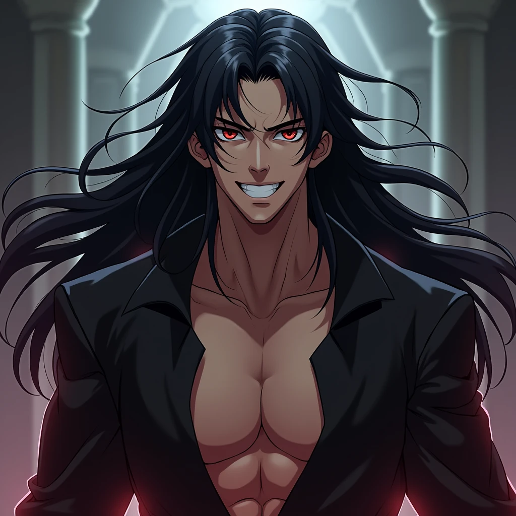 (absurdres, highres, ultra detailed), 1 male, boy, adult, handsome, tall muscular guy, broad shoulders, finely detailed eyes and detailed face, black very long hair, red eyes, handsome, fantasy, gothic, wolf ears, wolf tail, Sunlight, Fantastic light and shadow, Scenery, portrait, vampire fangs, open mouth, sexy, attractive, full body, tongle, no clothes, no shirt,, Dog Collar, bangs, cute face