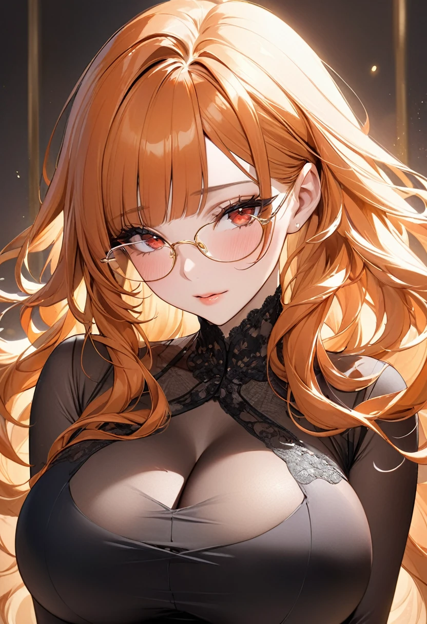 Realistic slim anime girl with sexy face with very big breasts very short straight bangs long cherry red hair and black hair locks honey colored eyes with golden glasses with super sexy black lingerie