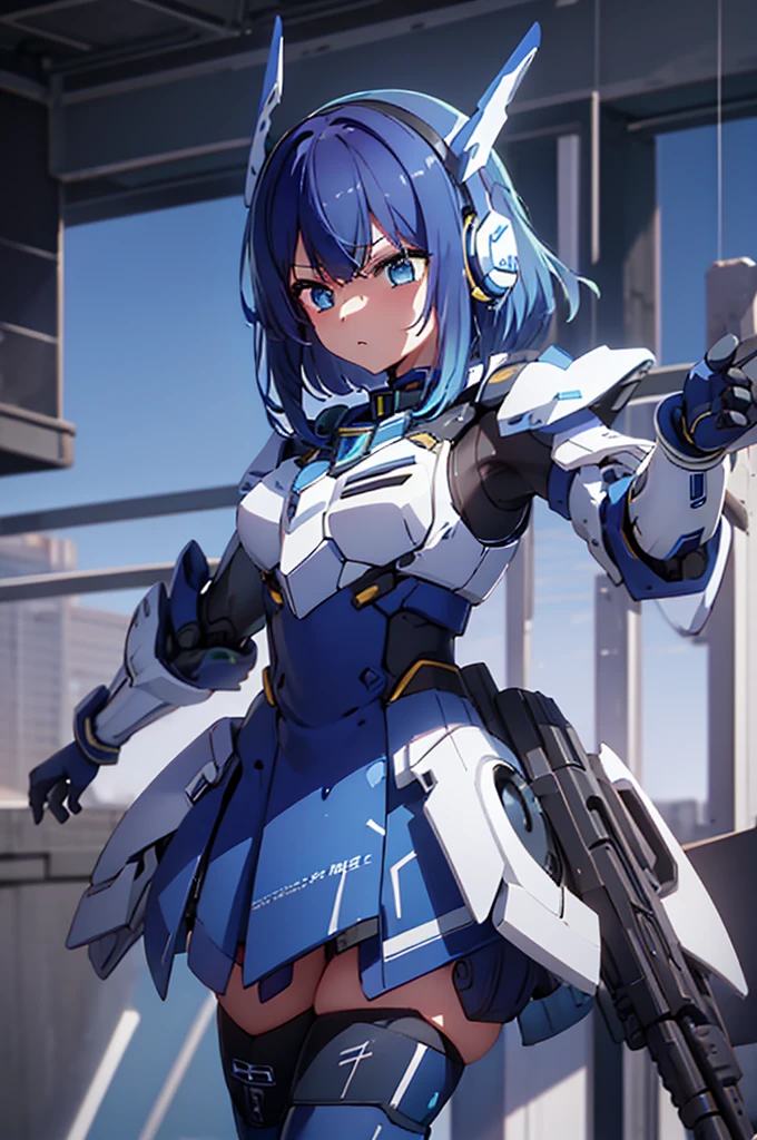 mecha wing、Thighs、tights、chest、Blue Hair、1 girl、solo girl、income、headphone、idol dress、Rin々Funny face、Holding a rifle、white lance、mecha girl