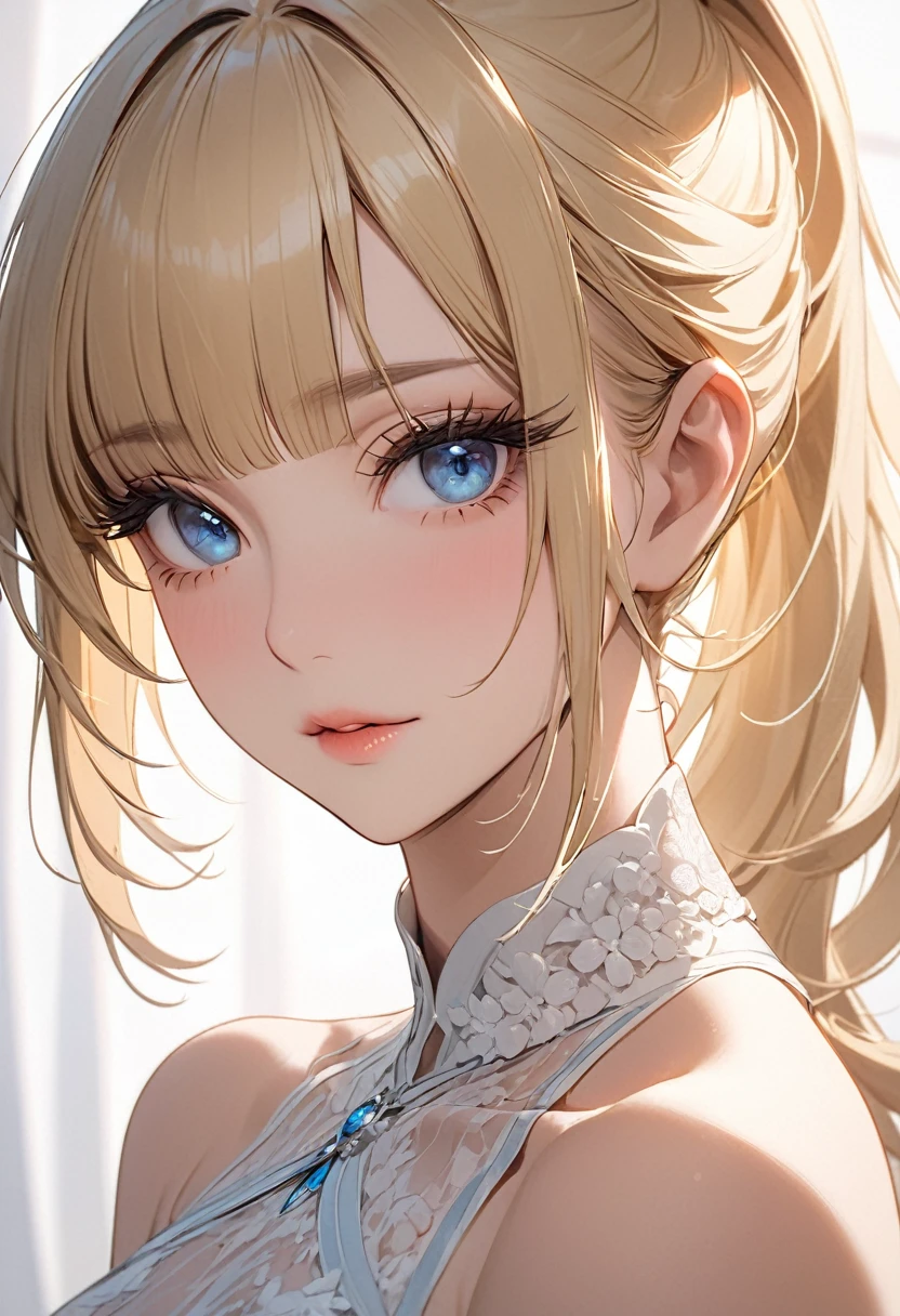 (Real: 1.4), (Masterpiece, Sidelight, Fine Beautiful Eyes: 1.2), Masterpiece*Portrait、、、、, Realistic, 3D Face, Glowing Eyes, Dark Eyes, Glossy Hair, Skin Falling Out, Solo、、、、, Embarrassing, (Epigastro), White Underwear, Blonde Hair, (Princess)