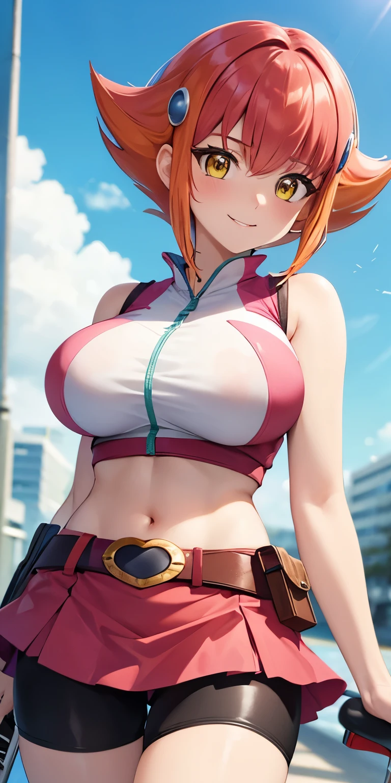 1 Female,High definition,high resolution,Ultra-realistic,8K, Annadef, 1girl, solo, multicolored hair, two-tone hair, hair ornament, yellow eyes, short hair, pink hair, red hair, orange hair, large breasts, breasts, 
smile, shorts, sleeveless, belt, black shorts, bike shorts,pink skirt, large breasts,European,sexy,Upper body close-up,Photographed from the front,Dynamic Angles,(blush), (medium tits) 