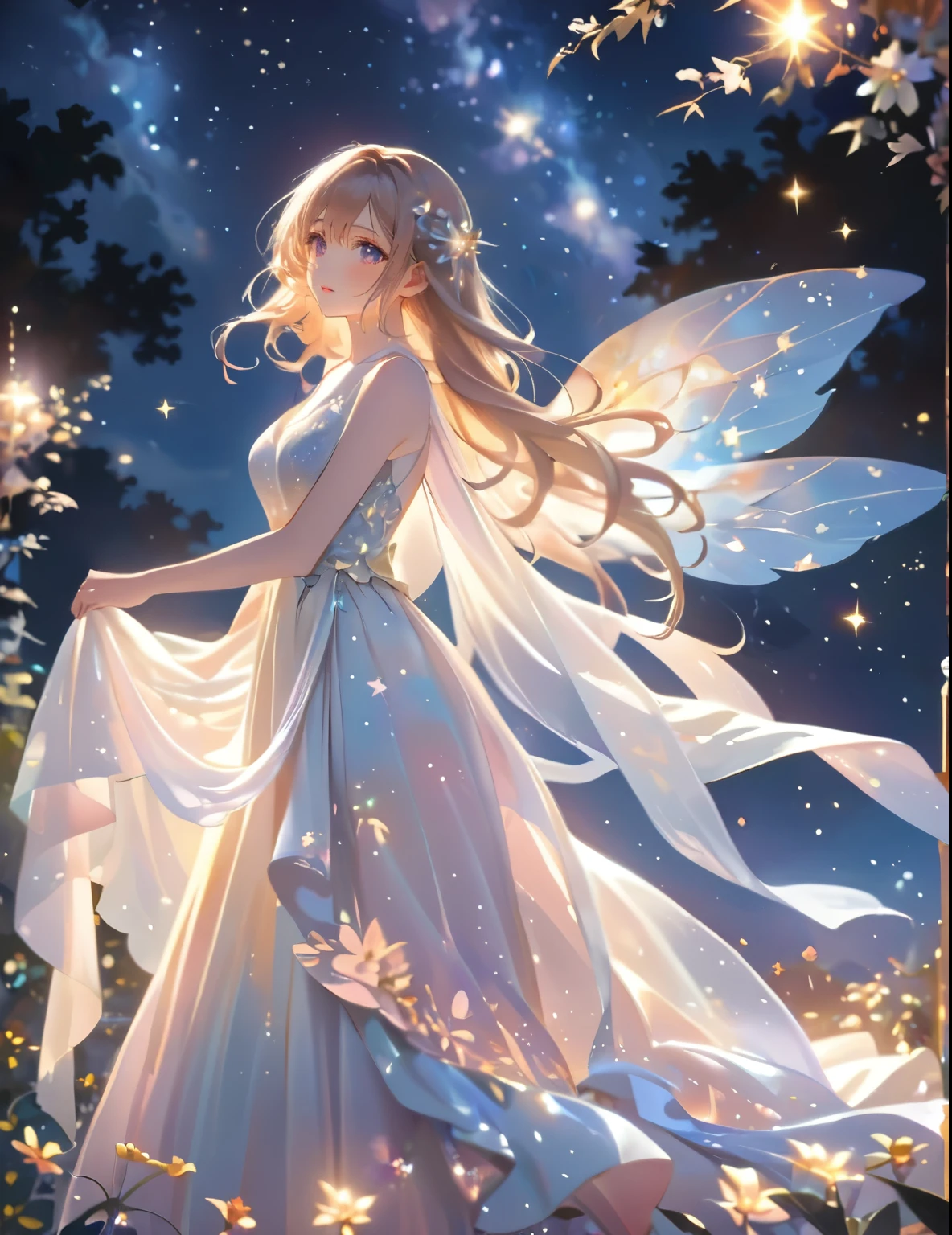 (best quality,4k,8k,highres,masterpiece:1.2),A girl standing alone under the starry night sky, with her silhouette illuminated by the soft moonlight and twinkling stars. Her face is beautifully detailed, with sparkling eyes, long and fluttering eyelashes, and exquisitely defined lips. She is dressed in an elegant gown, flowing and ethereal, embracing her figure gracefully as it glimmers with a subtle celestial glow. The intricate details of her dress catch the faint starlight, creating a mesmerizing sparkle. The surrounding landscape showcases a serene garden, lush with vibrant foliage and colorful flowers. The air is filled with a gentle breeze, causing the leaves to rustle and the flowers to sway delicately. The garden is bathed in a warm, dreamy color palette, with hues of deep blues, purples, and hints of silver. The atmosphere is calm and tranquil, evoking a sense of peace and serenity. The artwork is of the highest quality, meticulously created with ultra-detailed brushstrokes and precise attention to every element. The texture and depth of the painting are breathtaking, with a sense of realism and photorealism that captures the awe-inspiring beauty of the night sky. The lighting is soft and diffused, casting a gentle glow over the entire scene, enhancing the magical ambiance. The girl's presence radiates a sense of mystery and wonder, as if she holds a secret connected to the celestial beings above. The overall composition evokes a feeling of timelessness and captures the essence of a StarSign, an artwork that embodies the celestial beauty and inner strength of a girl in harmony with the stars. (ai-generated:.25),(dsmile:.25)