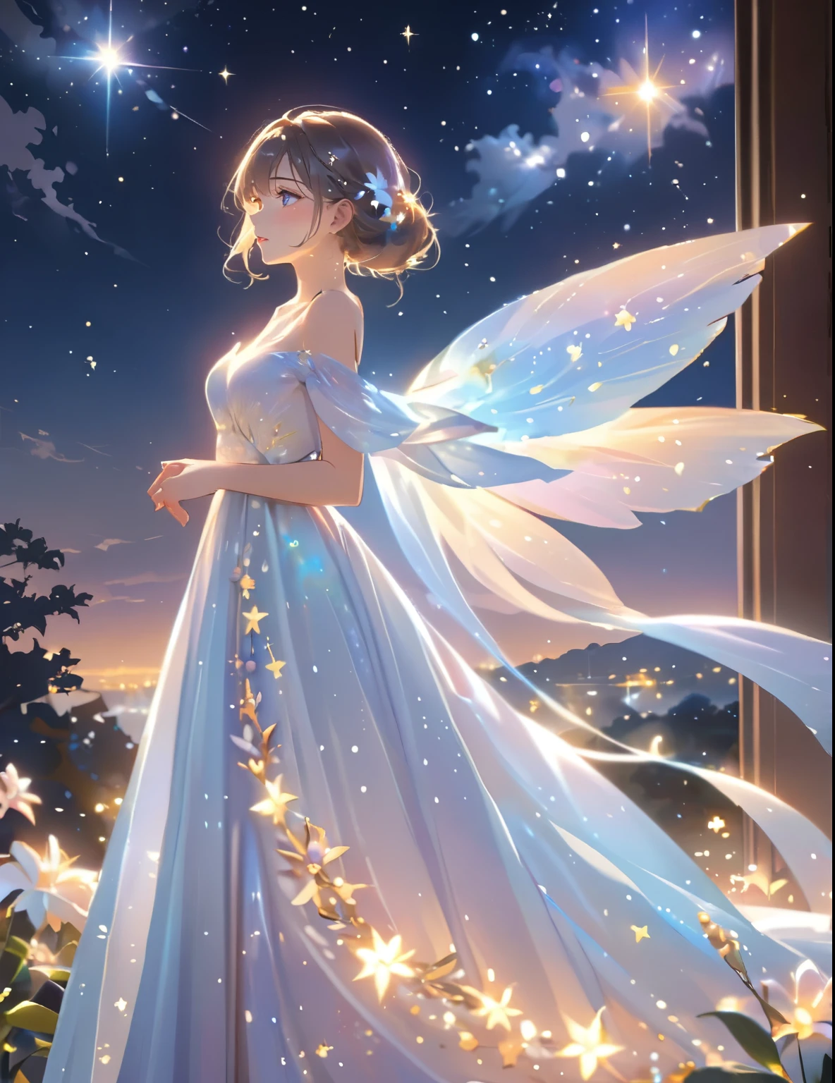 (best quality,4k,8k,highres,masterpiece:1.2),A girl standing alone under the starry night sky, with her silhouette illuminated by the soft moonlight and twinkling stars. Her face is beautifully detailed, with sparkling eyes, long and fluttering eyelashes, and exquisitely defined lips. She is dressed in an elegant gown, flowing and ethereal, embracing her figure gracefully as it glimmers with a subtle celestial glow. The intricate details of her dress catch the faint starlight, creating a mesmerizing sparkle. The surrounding landscape showcases a serene garden, lush with vibrant foliage and colorful flowers. The air is filled with a gentle breeze, causing the leaves to rustle and the flowers to sway delicately. The garden is bathed in a warm, dreamy color palette, with hues of deep blues, purples, and hints of silver. The atmosphere is calm and tranquil, evoking a sense of peace and serenity. The artwork is of the highest quality, meticulously created with ultra-detailed brushstrokes and precise attention to every element. The texture and depth of the painting are breathtaking, with a sense of realism and photorealism that captures the awe-inspiring beauty of the night sky. The lighting is soft and diffused, casting a gentle glow over the entire scene, enhancing the magical ambiance. The girl's presence radiates a sense of mystery and wonder, as if she holds a secret connected to the celestial beings above. The overall composition evokes a feeling of timelessness and captures the essence of a StarSign, an artwork that embodies the celestial beauty and inner strength of a girl in harmony with the stars. (ai-generated:.25),(dsmile:.25)