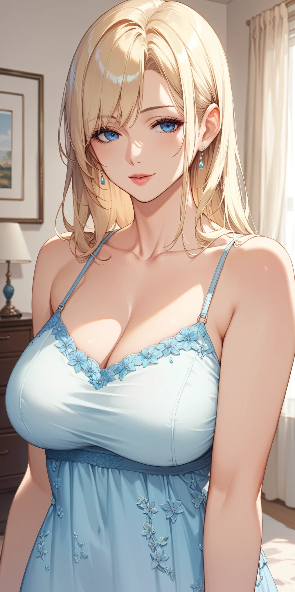 score_9, score_8_up, score_7_up, blonde, long hair, blue eyes, perfect eyes, anime milf, elegant mature woman, wise face, thin camisole, home, soft light