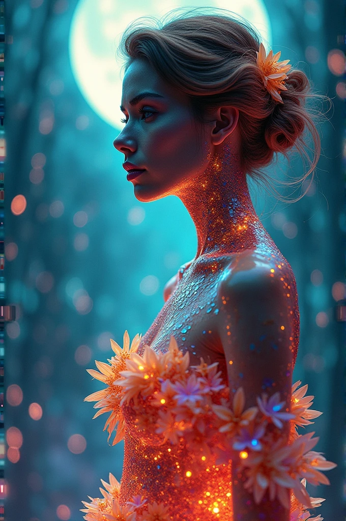 (best quality,8K,highres,masterpiece), ultra-detailed, (leaf woman), a woman crafted from vibrant leaves, illuminated by a neon glow. The leaves form the outline of her figure, creating a colorful and transparent portrait that radiates with natural beauty. Neon lights accentuate her features, casting a vibrant glow that adds to the surreal and captivating nature of the scene. The combination of the organic leaf elements and the neon glow results in a visually stunning and ethereal portrayal of the woman.