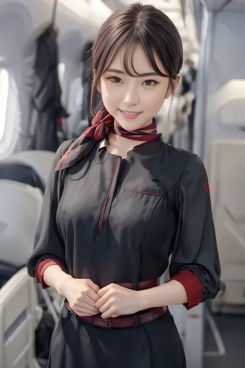 (masterpiece:1.2, Best Quality:1.2), 32K HDR,  High Resolution , (Alone、1 girl)、（on board、Professional Lighting）、In-flight background、（JAL flightattendant uniformを着たリアルスタイル）、（（JAL flightattendant uniform short sleeve jumper skirt 、Red belt on the waist  、Scarf around the neck））、Dark brown hair、（Long Hair、Hair tied up、Hair tied up）、Dark brown hair、 long shot、Big Breasts、Thin legs、（（Great hands：2.0）），（（ Harmonious body proportions：1.5）），（（Normal limbs：2.0）），（（Normal finger：2.0）），（（Delicate eyes：2.0）），（（Normal eyes：2.0））)、smile、（JAL flightattendant uniform美しい立ち姿）、Hands clasped underneath