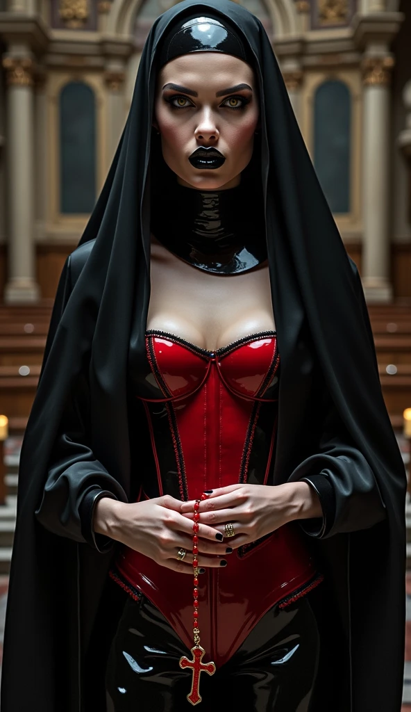 Sexy demon nun posing for a photo, wearing lingerie, naked woman, body without clothes, big chest, big thighs, thin waist
pussy showing, chest showing, red neon lights, red background