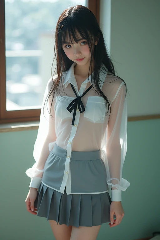 ((smile))、Confused、RAW Photos、(((The ultimate portrait masterpiece)))、((The cutest girl in the world:1.4))、1 girl、、Japanese、Cute Face、((Silky Hair))、(A high ponytail tied with a ribbon:1.4)、((Eyes that shine like jewels))、Glowing Skin、(young woman;A school uniform consisting of a transparent white shirt, Thin ribbon, blazer, Checkered pleated skirt.:1.5)、Winter clothes、(Uniforms made from high-quality fabrics:1.4)、Ultra-detailed uniforms、(She shyly pulls up her skirt:1.3)、(Lace panties are visible.:1.3)、((Crotch from the front))、A skirt fluttering in the wind、eyeliner、Beautiful Bangs、Hair between the eyes、((solve、High resolution))、Detailed Background、8 KUHD、Digital SLR、Soft Light、high solve、Film Grain、Fujifilm XT3、Shallow depth of field、自然なSoft Light、Narrow waist,(Beautiful girl with sparkling eyes:1.3),(skirtlift),(((Sexy see-through lingerie for women,Shiny bodysuit,Smooth and silky clothing,Trimmed combination,Lace Stockings,Erotic leash,pajamas))),
