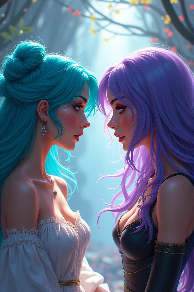Best Quality, Masterpiece, Portrait, Perfect ???????, Femininity, Cool, Flawless, , Solo, Sexy, Stylish, Mature, Purple Eyes, Long Light pink Hair, Mole Above Lip, Red Lipstick, Big Breasts, Kissing Another Girl with Light blue hair,