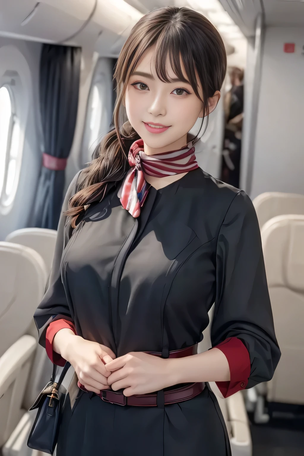 (masterpiece:1.2, Best Quality:1.2), 32K HDR,  High Resolution , (Alone、1 girl)、（on board、Professional Lighting）、In-flight background、（JAL flightattendant uniformを着たリアルスタイル）、（（JAL flightattendant uniform short sleeve jumper skirt 、Red belt on the waist  、Scarf around the neck））、Dark brown hair、（Long Hair、Hair tied up、Hair tied up）、Dark brown hair、 long shot、Big Breasts、Thin legs、（（Great hands：2.0）），（（ Harmonious body proportions：1.5）），（（Normal limbs：2.0）），（（Normal finger：2.0）），（（Delicate eyes：2.0）），（（Normal eyes：2.0））)、smile、（JAL flightattendant uniform美しい立ち姿）、Hands clasped underneath