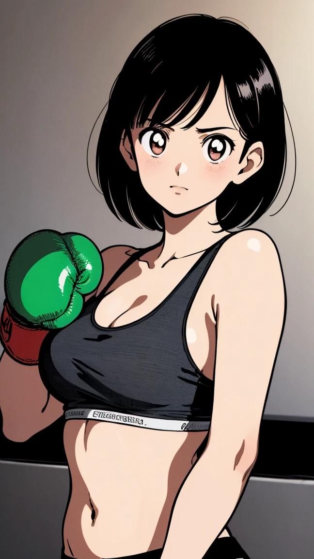 (((Full Body Shot、Female professional boxer、In the ring、      Boxing Gloves      、Slender body、 short hair、Big Breasts、Sports Bra)))、((Pencil drawing))、((Manga))、(masterpiece、top-quality)、Best Quality, masterpiece, 超A high res, (Realistic:1.4), ((masterpiece:1.4, Best Quality)), ((masterpiece, Best Quality)), (Manga style:1.4)、 (超A high res:1.2),  high res、flawless、masterpiece, Best Quality,           Soft Dim Lighting          , addition_detailed, Good lighting、A highly detaileded、((beautifull detaileded face))、( ((ultra-detailedliert )))、ns   、Side light、((Raising awareness 、 best to  write a professional photo on a boxing ring ))、Highly detaileded eyes、          perfect lighting 、(extremelydetailededCG:1.2)、(((masterpiece))), (1 personの少女)、(1 person)、          solo focus          、    、 beautiful girl with beautiful detaileds, Very cute, beautiful girl with beautiful detaileds,             write a professional photo on a boxing ring     , extremely detaileded eye and face, （ 人物の接写 ）、(Manga style:1.1)、Plain Bottom、(masterpiece、Best Quality:1.2)、((          facing the front        :1.2))、With bangs、Young woman 、((           upper body  :1.2))、 short hair、    、 Outside、          Boxing Gloves          、Full Body Shot