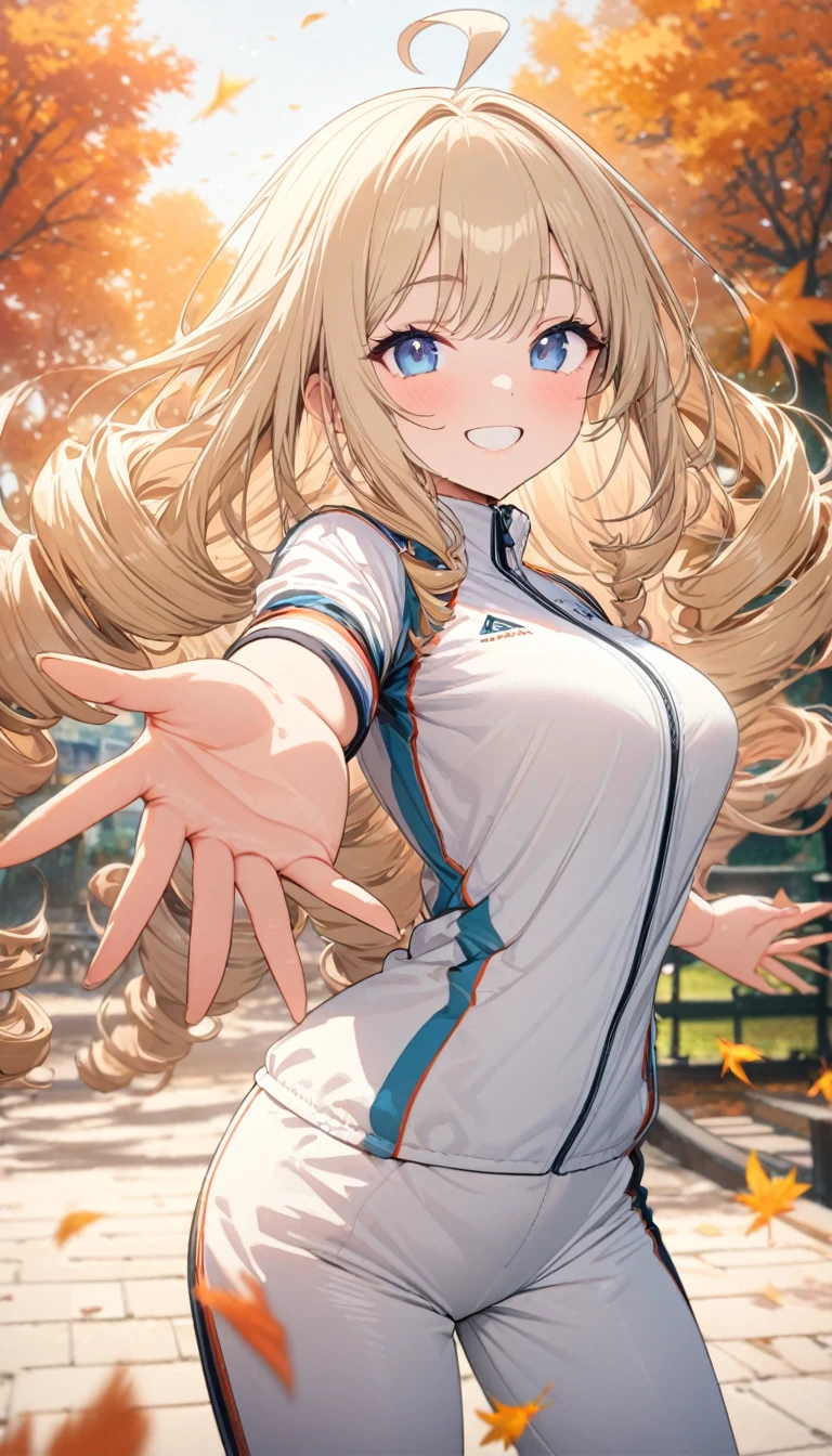 woman,,  viewers, Long Hair, Ahoge, blonde, Drill Hair, blue eyes, Slanted Eyes, Grin,  white autumn leaf pattern zippered sportswear, white sportswear long pants 、Open Hands  , Falling leaves fluttering,   upper body、  Autumn Leaves Park Background , Speedy Shot,  Top Quality Masterpiece, detailed, ultra detailed, hyper detailed, insanely detailed, Exquisite, Beautiful Full HD, 16k, cute,   Fantasy  , A vibrant academic community, Soft line design, Soft Surface, Simple line drawing, Front View, The best light,  Fast Shutter Speed ,  depth of border described , Highly saturated colors, Vibrant colors, Vibrant colors, Best Hand