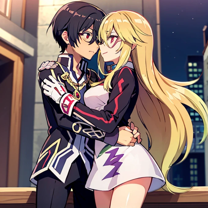 1 boy with black hair, Red jacket and glasses romantically kissing a girl with blonde hair and red eyes. With a white miniskirt, city at night in the background., True love, blushing cheeks, high quality, Milla Maxwell from Tales of Xillia 