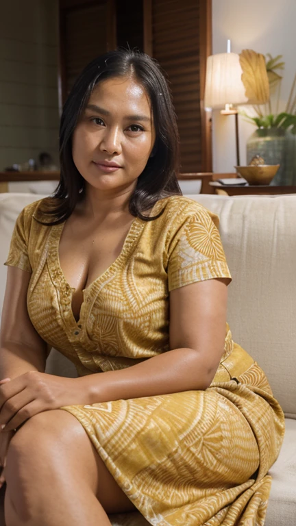 (hyperrealistic photo), exotic beautiful indonesian woman, plump, natural big breasts, knee-lenght batik housedress with intricate floral details, sit on rattan chair, sensual pose, naughty expression, looking at the viewer, natural light, wide angle full-body shot, indonesian village house in the background,