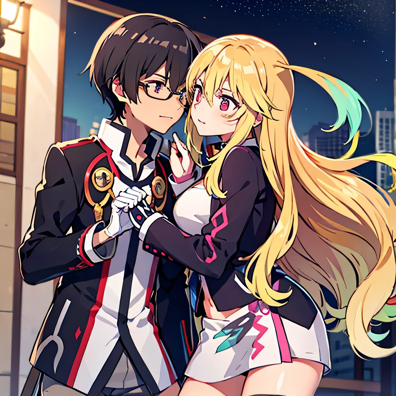 1 boy with black hair, Red jacket and glasses romantically kissing a girl with blonde hair and red eyes. With a white miniskirt, city at night in the background., True love, blushing cheeks, high quality, Milla Maxwell from Tales of Xillia 