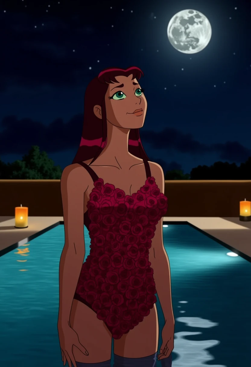 A woman standing in a pool at night, with a swimsuit made entirely of red rose petals, Each petal delicately arranged along its body. Moonlight reflects on the water and candles float nearby, creating a serene and romantic atmosphere. The front view highlights the intricate design of the petals as she looks up at the moon, staRFire, looking at viewer