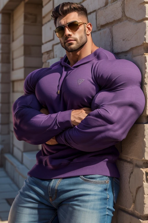 a very handsome teenager in an adult's body, massively muscular, with massively large muscles, with massively large biceps, with massively large arms, wearing a simple purple hoodie with long sleeves, in an apartment