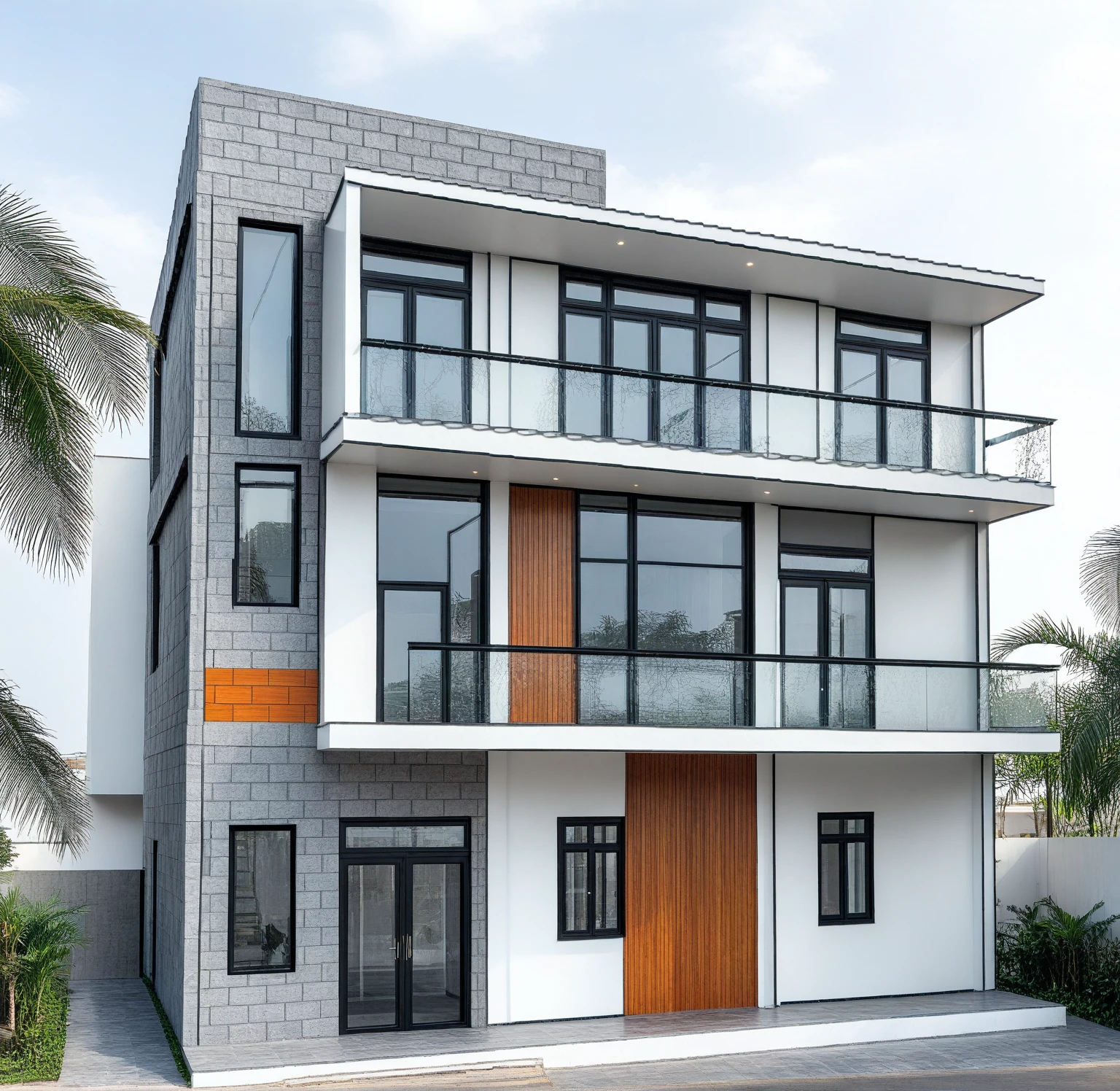 modern villa on street, (daylight), tropical tree, vivid colour, streetcapes, white tone, black detail, white wall, large glass door, warm interior lighting, best quality, masterpiece, ultra realistic