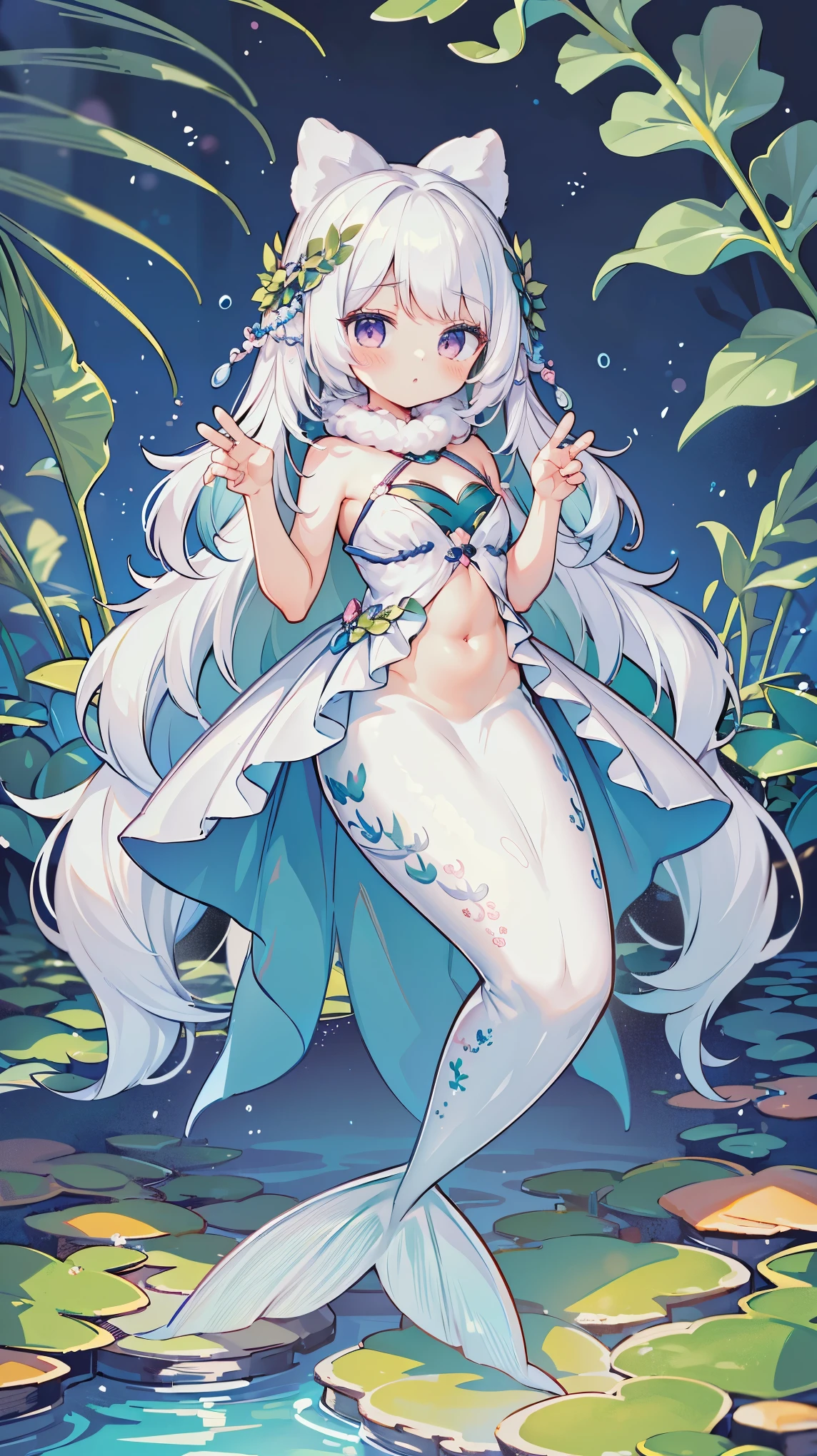 (masterpiece,  are of the best quality),(Full fingers),A girl,Mermaid,White hair,白色的Mermaid尾巴,Full body photo,Pose ,View sea view,charming face(Kawaii, charming,Soft)