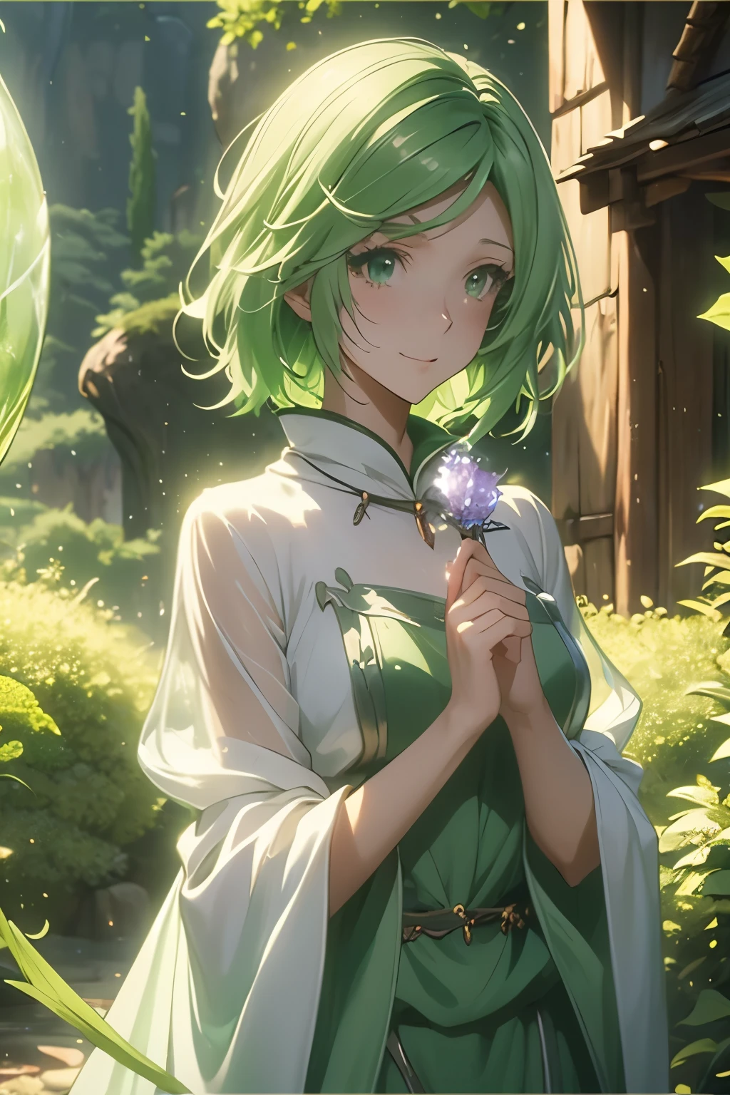 （（（ＳＦＷ、Highest quality、 First Class 、masterpiece、Normal body、8k、Detailed face、Ultra-precision、Normal hand、Normal finger、Masterpiece）））、Tria 、 Dryad、Green Hair、Bobcut、-That Time I Got Reincarnated as a Slime-、Easy smile 、sexy、Sexy、pure、 white and green robe、See-through costume、Breeze 、 Wind of Protection、magic、 Magic Light 、See-through、Transparency、Slightly erotic、whole body