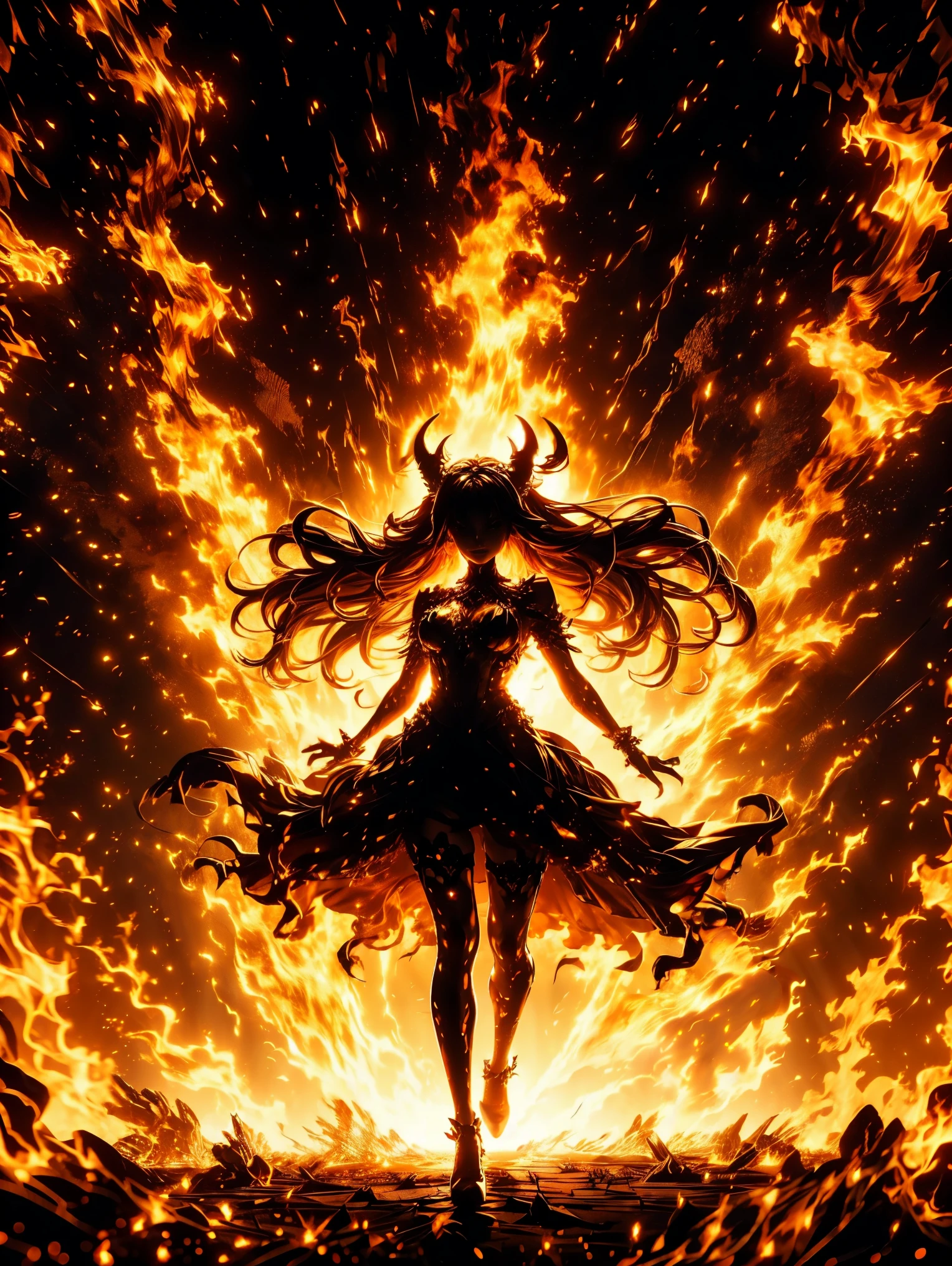 A fiery demoness with glowing orange eyes, horns illuminated by surrounding flames. She stands with her body adorned in shimmering, ember-like lingerie that seems to burn with heat. Her long, flowing hair moves gently in the heat waves.