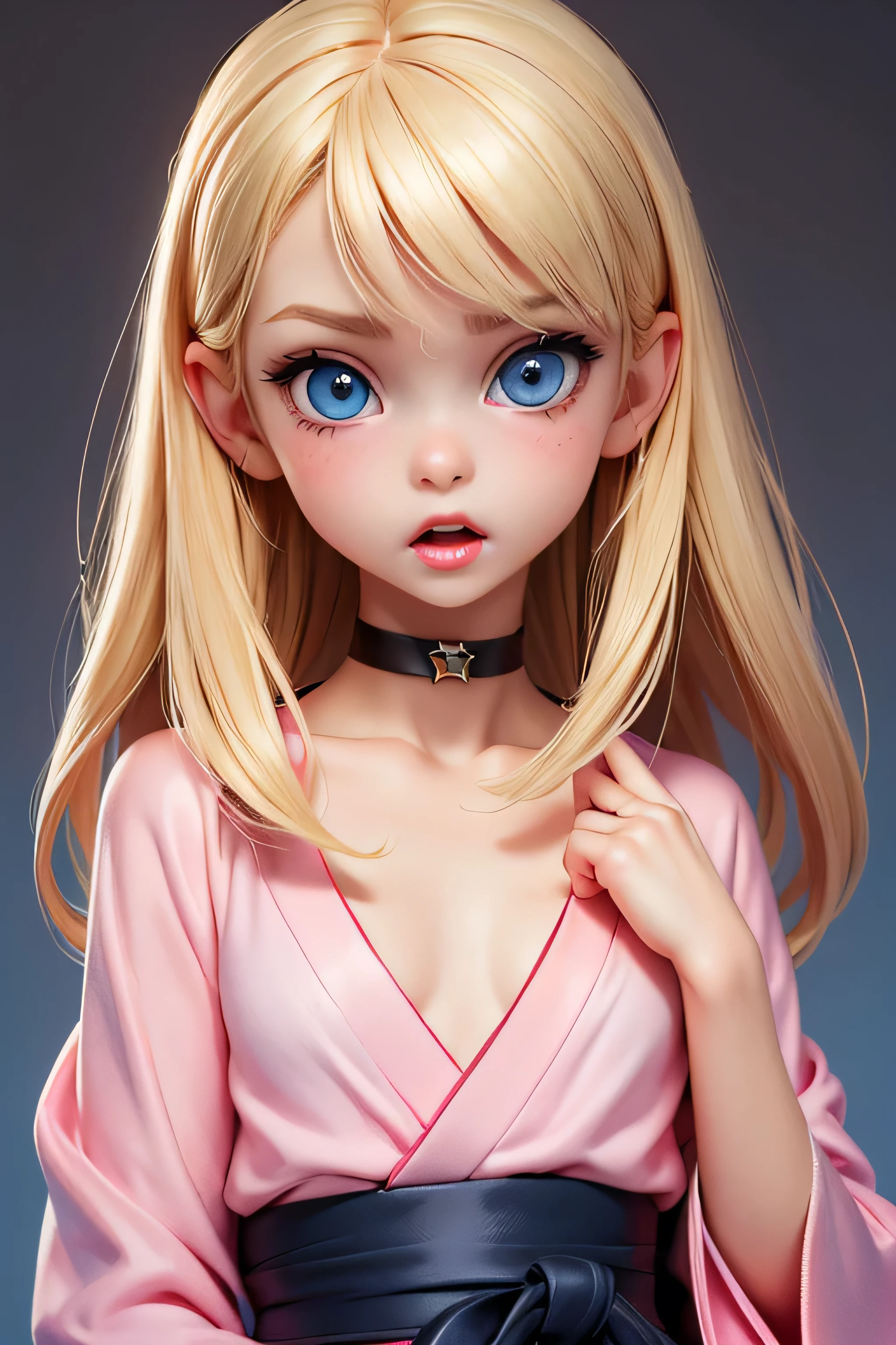 ((Small hyperrealistic american girl)), blonde,((tiny body)), sexy, dark makeup, small choker, perfect slim face, big red lips, very cute face,( tiny body), big eyes,( young looking),( ish looking), pink kimono, blue eyes, small breast, open mouth,
