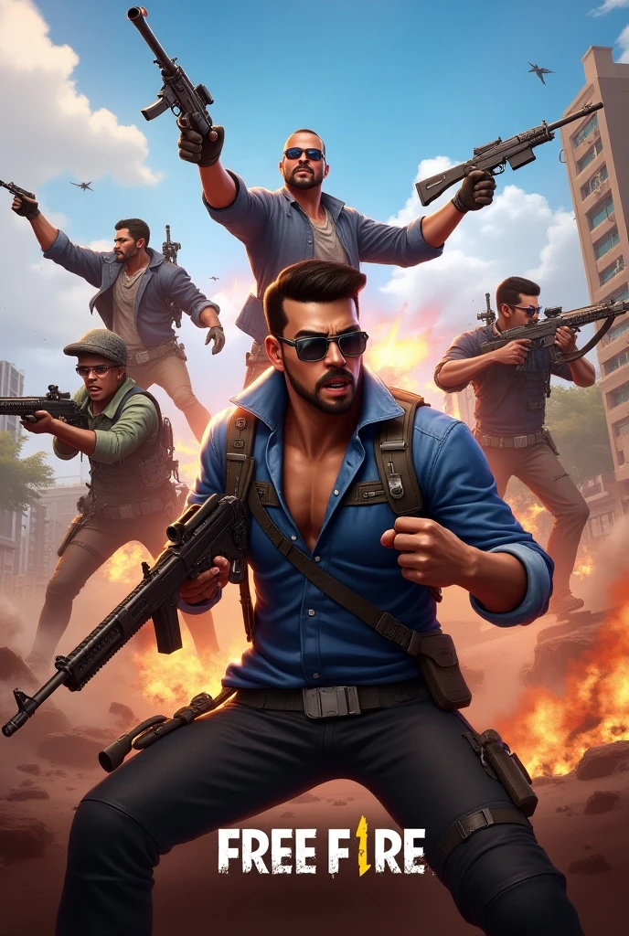 make an image where 5 people appear playing free fire, being them (tall white young man and a little muscular, a tall, blue-eyed white 15-year-old, a tall white man of 1, and two dark-skinned men of average height