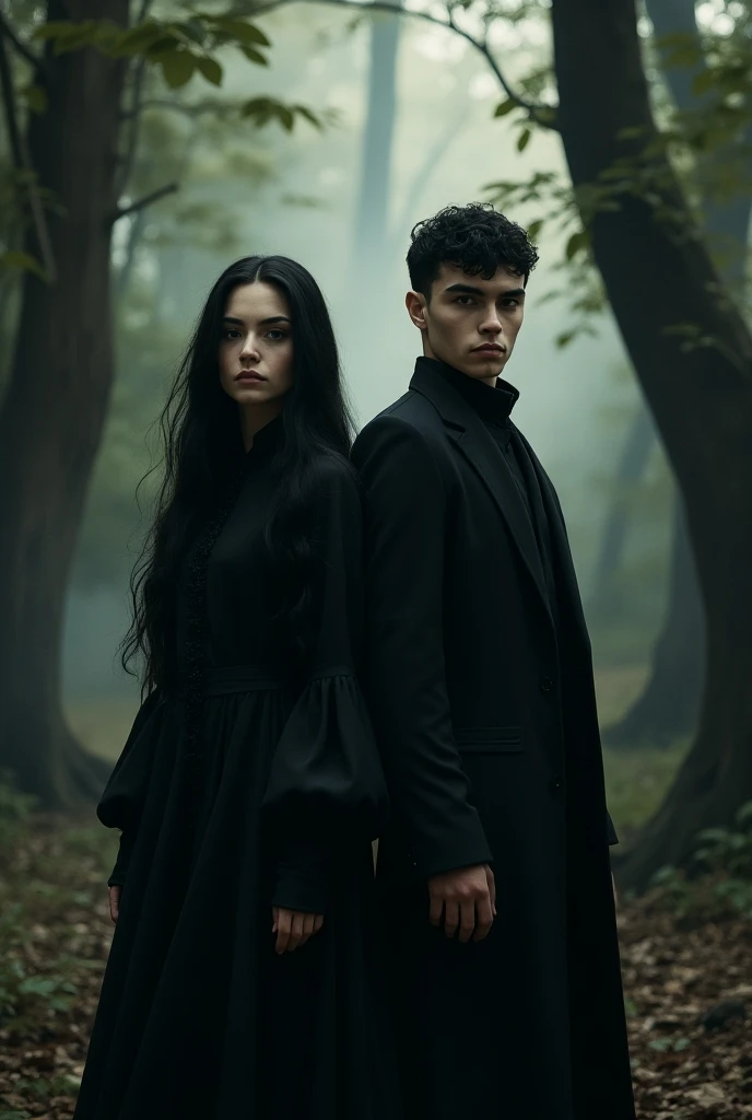 Of the vampire hobrees, twin brothers (black hair, length up to the neck, and blue eyes) in clearing in the night forest, "Kiss of 3" to a vampire girl, their younger sister, (blonde, with blue eyes) "+18"