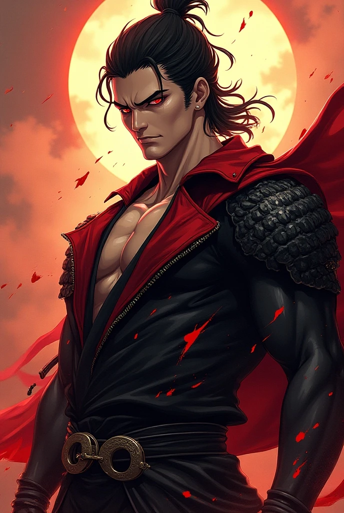 werewolf red eyes pointed ears body big chest very short black hair flying in the sky