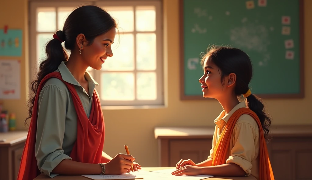 2

 A first class girl.
It's her first day of school.
Crying a lot because I want to go home.


Her left hand is held by the madam as she runs out of the classroom.

With her right hand she held the lines of madam's saree