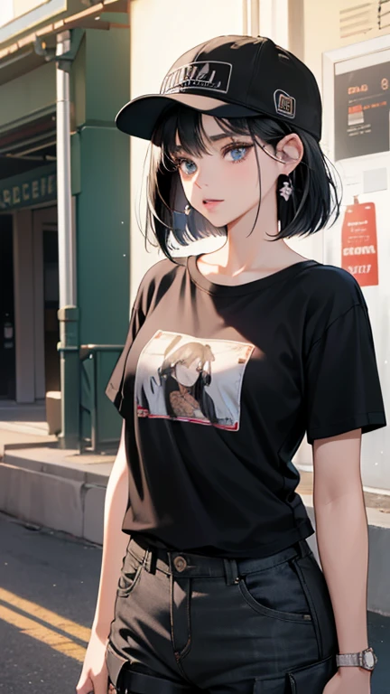 whole body, Anime character, stylish girl, fashion, baseball cap, black t-shirt, baggy cargo pants, gravure, absurdres, RAW photo, extremely delicate and beautiful, masterpiece, Best Quality, ultra high resolution, 32k, hyperrealistic, ultra-detailed, perfect figure, perfect shape, detailed description, pale skin, 20 years old, detailed beautiful face and eyes, tearful mole, earring, short medium hair, wavy hair,