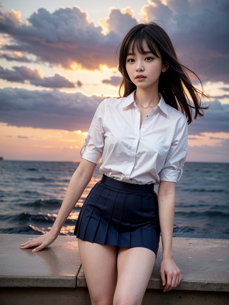 shoot from below:1.5), Front angle, (from below :1.4), (crotch focus:1.2), (low angle:1.2), BREAK, top-quality, masterpiece, 16k picture quality, 27 year old slender and beautiful women , Medium Bob Hair, plump breasts, Constricted waist, White open collar blouse, Pleated mini-skirt, white panty, Photographed from below, Squatting on the Gulf at evening, Open legs, Looking at the camera, Red sky and beautiful clouds, sun down,