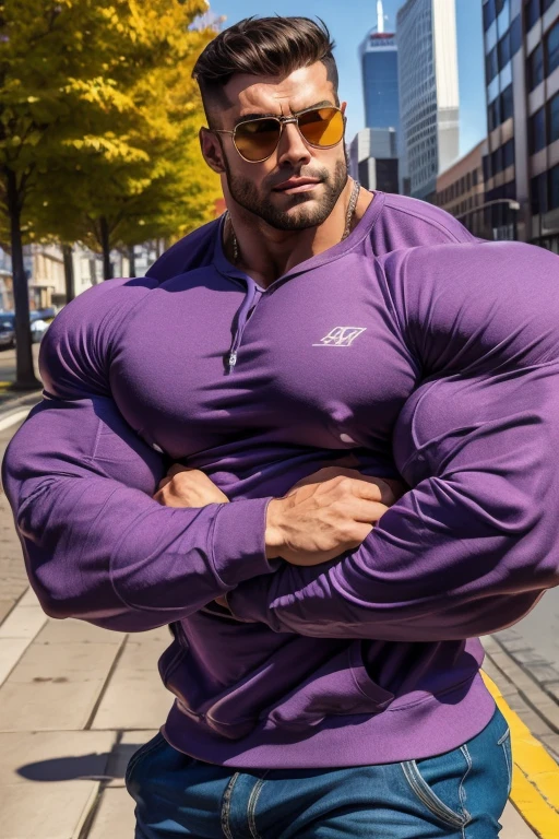 a very handsome, muscular man, sunglasses, massively muscular, massively large muscles, massively large biceps, massively large arms, massively large chest, wearing a purple sweatshirt with long sleeves, on a sidewalk, close portrait