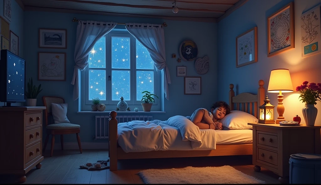 Little girl sleeping in bed by moonlit window